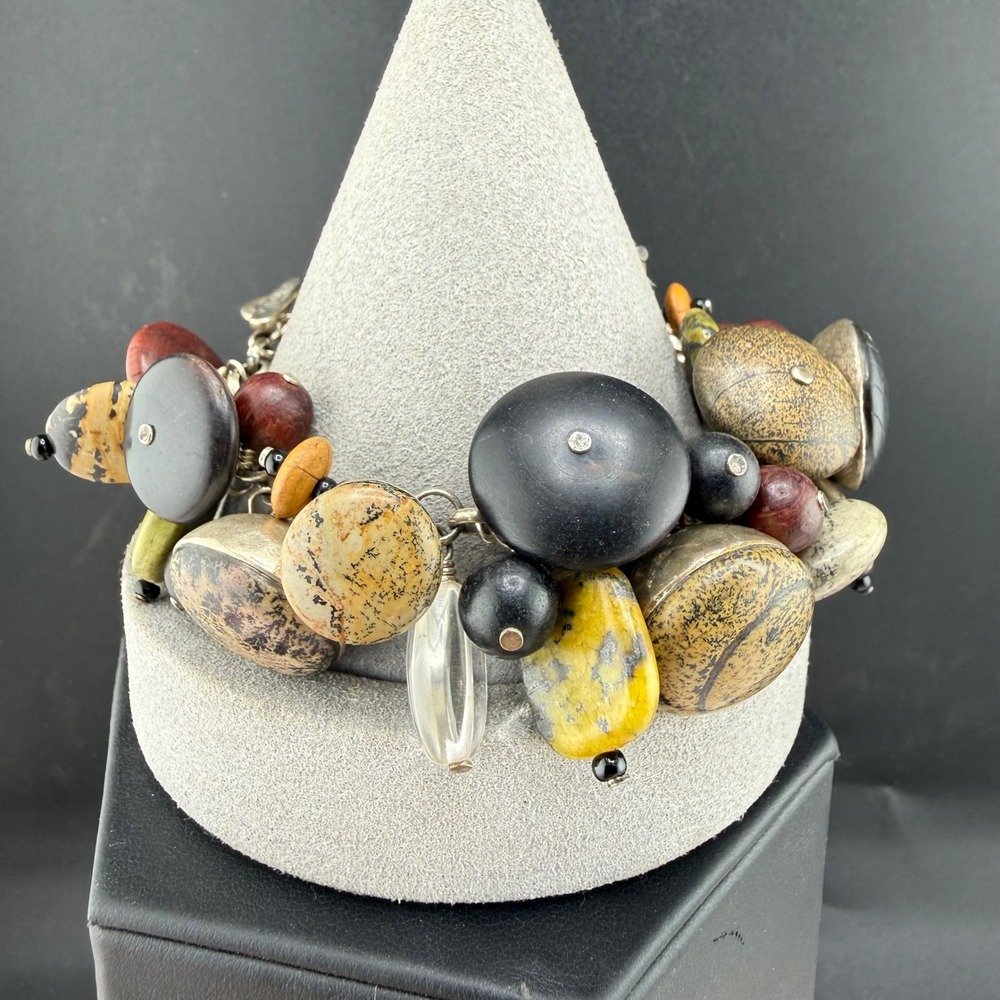 Silpada Bracelet Cha Cha B2003 Multi Mixed Stone Wood Chunky Charm Toggle 7.5"